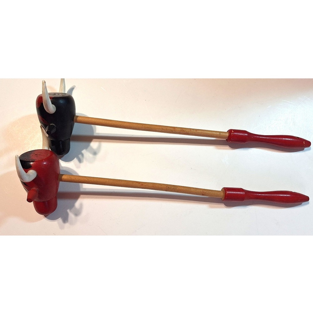 Vintage Wooden Bull Head BBQ Salt and Pepper Shakers Long Handle Campfire Tools